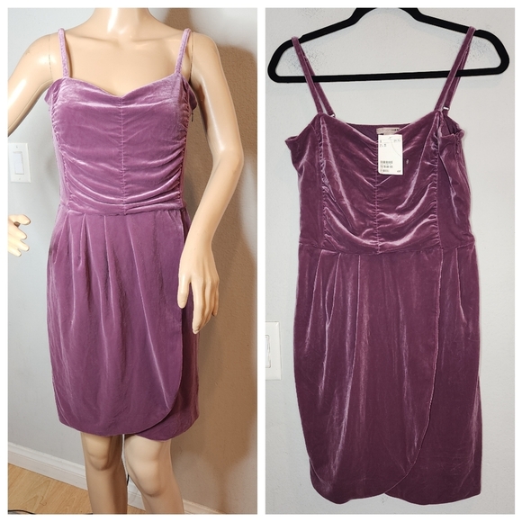 NWT H&M Dusty Purple Velvet Sleeveless Dress Ruched Faux Wrap Size 10 Stretch - Picture 1 of 13